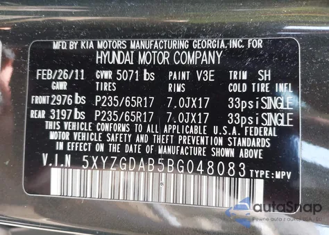 2011 Hyundai Santa Fe Gls из США, поврежденный, VIN 5XYZGDAB5BG048083